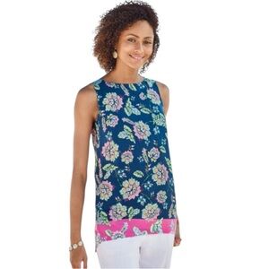 J. Jill Floral Sleeveless Tunic Blue Pink Rayon Lightweight Summer Top Medium
